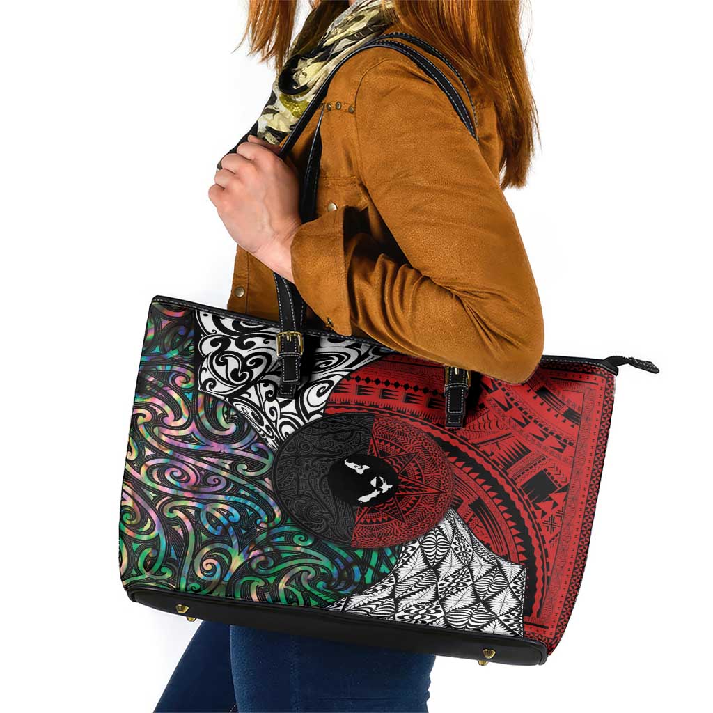 Tonga and New Zealand Together Leather Tote Bag Tongan Kupesi Ngatu Tattoo and Maori Paua Shell Pattern LT03 Black - Polynesian Pride