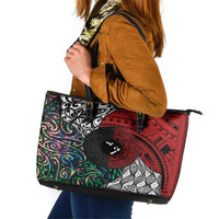 Tonga and New Zealand Together Leather Tote Bag Tongan Kupesi Ngatu Tattoo and Maori Paua Shell Pattern LT03 Black - Polynesian Pride