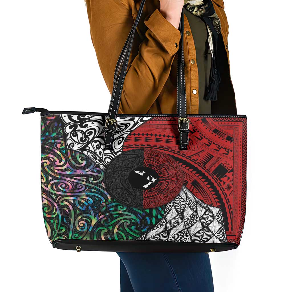 Tonga and New Zealand Together Leather Tote Bag Tongan Kupesi Ngatu Tattoo and Maori Paua Shell Pattern LT03 - Polynesian Pride