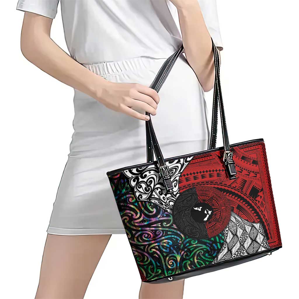 Tonga and New Zealand Together Leather Tote Bag Tongan Kupesi Ngatu Tattoo and Maori Paua Shell Pattern LT03 - Polynesian Pride