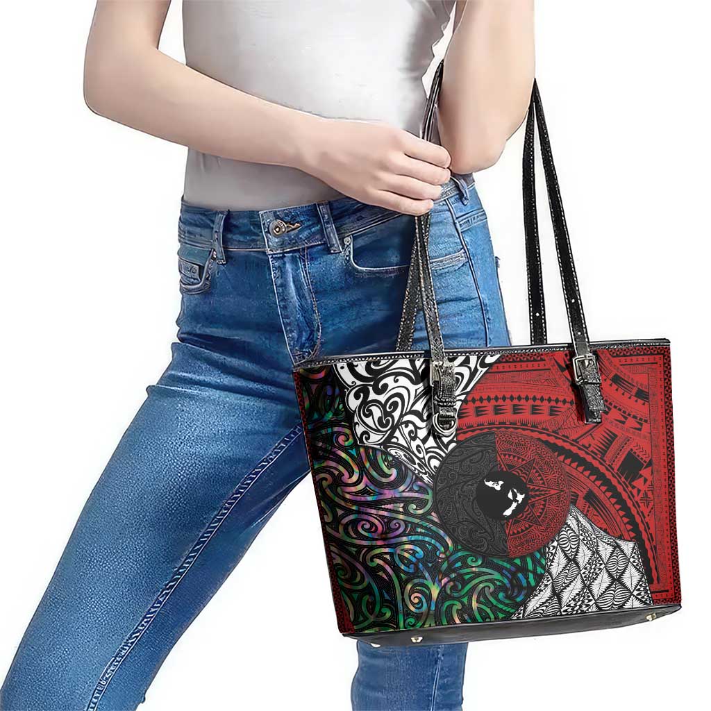 Tonga and New Zealand Together Leather Tote Bag Tongan Kupesi Ngatu Tattoo and Maori Paua Shell Pattern LT03 - Polynesian Pride