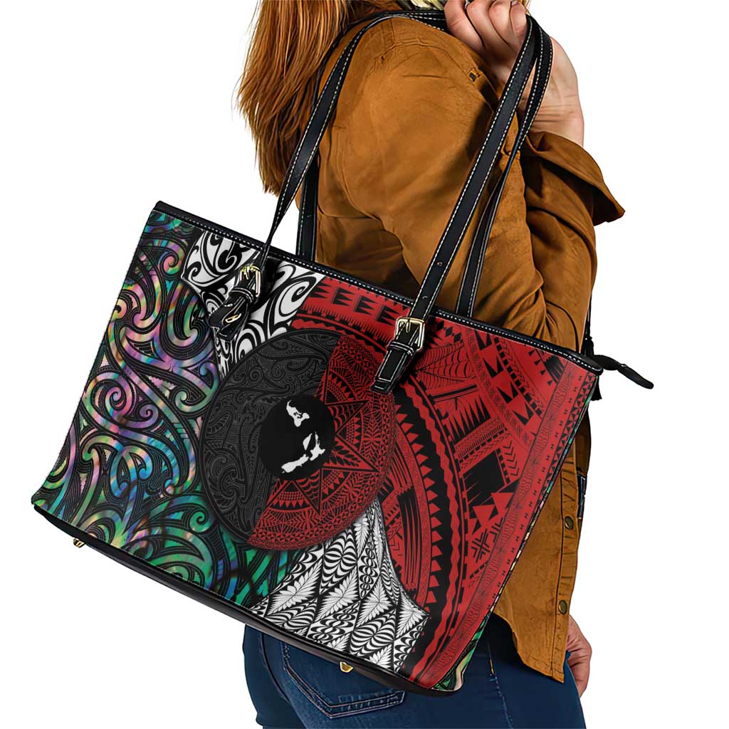 Tonga and New Zealand Together Leather Tote Bag Tongan Kupesi Ngatu Tattoo and Maori Paua Shell Pattern LT03 - Polynesian Pride