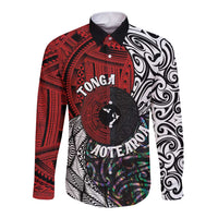 Tonga and New Zealand Together Long Sleeve Button Shirt Tongan Kupesi Ngatu Tattoo and Maori Paua Shell Pattern LT03 Unisex Black - Polynesian Pride