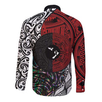 Tonga and New Zealand Together Long Sleeve Button Shirt Tongan Kupesi Ngatu Tattoo and Maori Paua Shell Pattern LT03 - Polynesian Pride