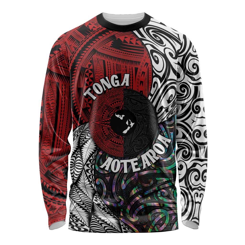 Tonga and New Zealand Together Long Sleeve Shirt Tongan Kupesi Ngatu Tattoo and Maori Paua Shell Pattern LT03 Unisex Black - Polynesian Pride