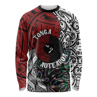 Tonga and New Zealand Together Long Sleeve Shirt Tongan Kupesi Ngatu Tattoo and Maori Paua Shell Pattern LT03 Unisex Black - Polynesian Pride