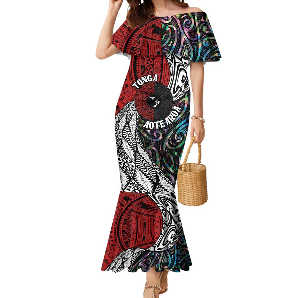 Tonga and New Zealand Together Mermaid Dress Tongan Kupesi Ngatu Tattoo and Maori Paua Shell Pattern LT03 Women Black - Polynesian Pride