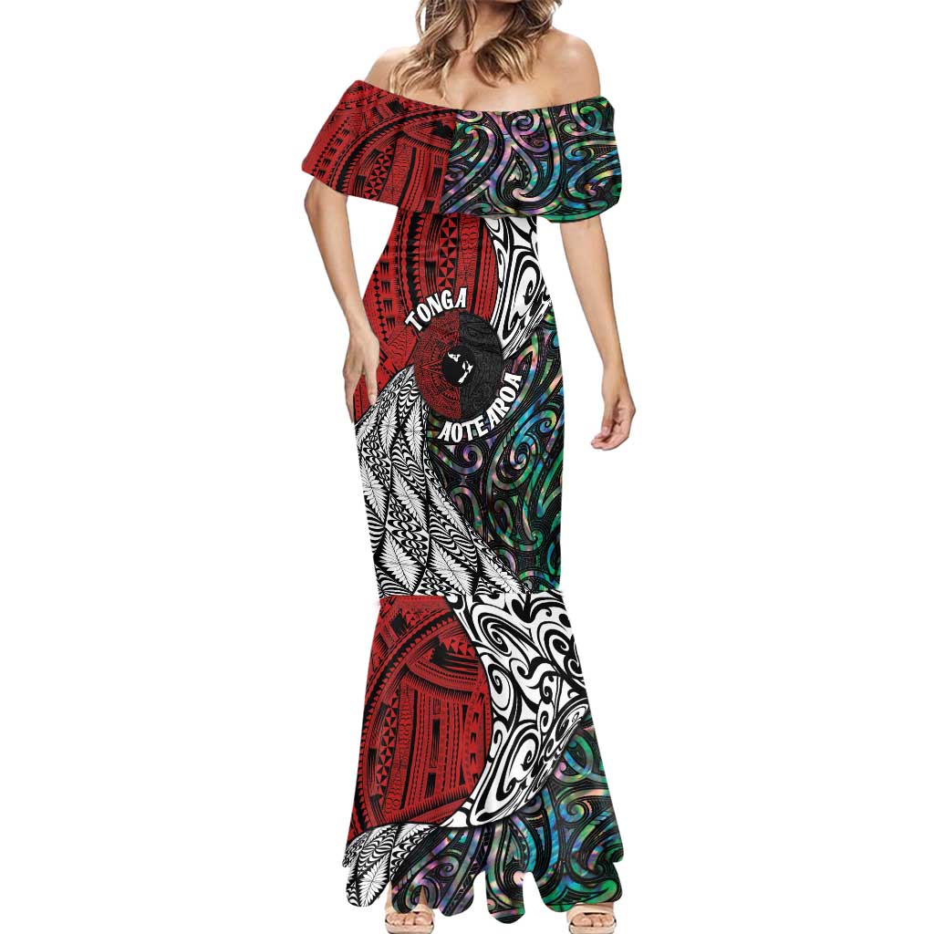 Tonga and New Zealand Together Mermaid Dress Tongan Kupesi Ngatu Tattoo and Maori Paua Shell Pattern LT03 - Polynesian Pride