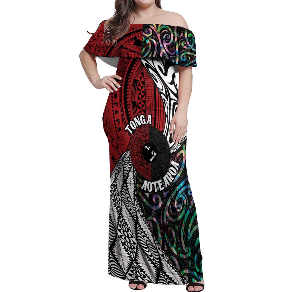 Tonga and New Zealand Together Off Shoulder Maxi Dress Tongan Kupesi Ngatu Tattoo and Maori Paua Shell Pattern LT03 Women Black - Polynesian Pride