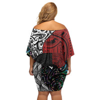 Tonga and New Zealand Together Off Shoulder Short Dress Tongan Kupesi Ngatu Tattoo and Maori Paua Shell Pattern LT03 - Polynesian Pride