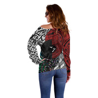 Tonga and New Zealand Together Off Shoulder Sweater Tongan Kupesi Ngatu Tattoo and Maori Paua Shell Pattern LT03 - Polynesian Pride