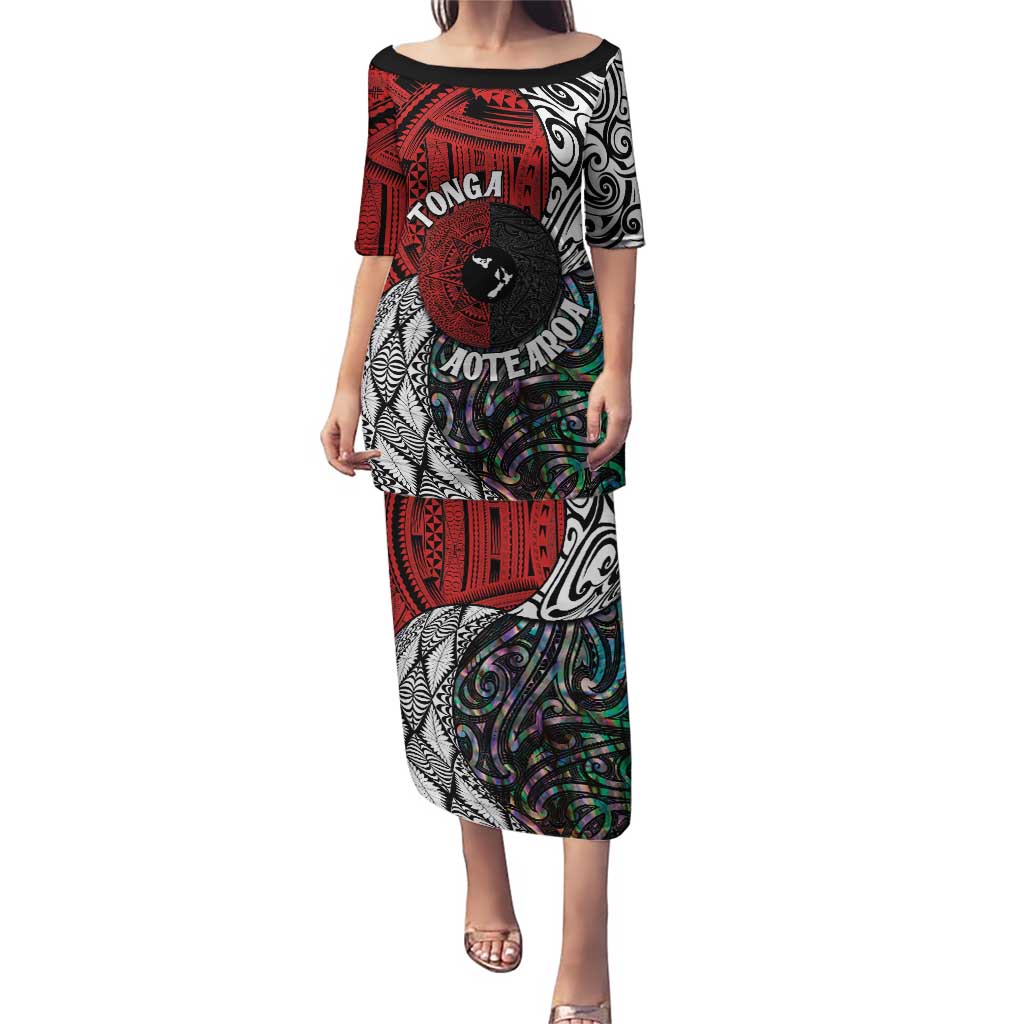 Tonga and New Zealand Together Puletasi Tongan Kupesi Ngatu Tattoo and Maori Paua Shell Pattern LT03 Long Dress Black - Polynesian Pride