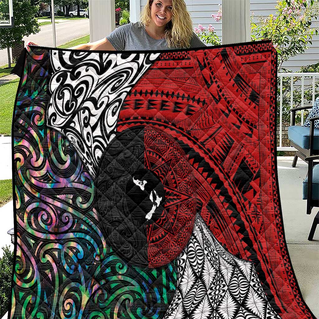 Tonga and New Zealand Together Quilt Tongan Kupesi Ngatu Tattoo and Maori Paua Shell Pattern LT03 Black - Polynesian Pride