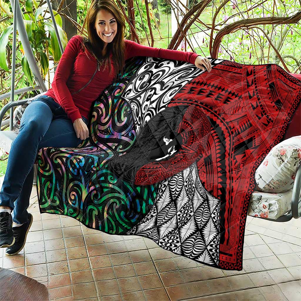 Tonga and New Zealand Together Quilt Tongan Kupesi Ngatu Tattoo and Maori Paua Shell Pattern LT03 - Polynesian Pride