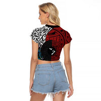 Tonga and New Zealand Together Raglan Cropped T-Shirt - Tongan Kupesi Ngatu Tattoo and Maori Paua Shell Pattern LT03 - Polynesian Pride