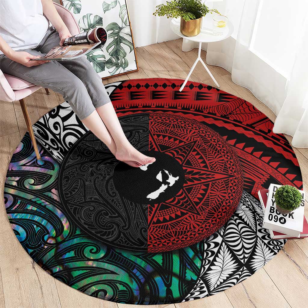 Tonga and New Zealand Together Round Carpet Tongan Kupesi Ngatu Tattoo and Maori Paua Shell Pattern LT03 - Polynesian Pride