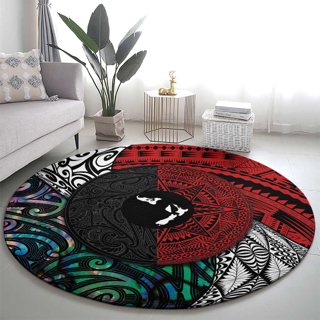 Tonga and New Zealand Together Round Carpet Tongan Kupesi Ngatu Tattoo and Maori Paua Shell Pattern LT03 - Polynesian Pride