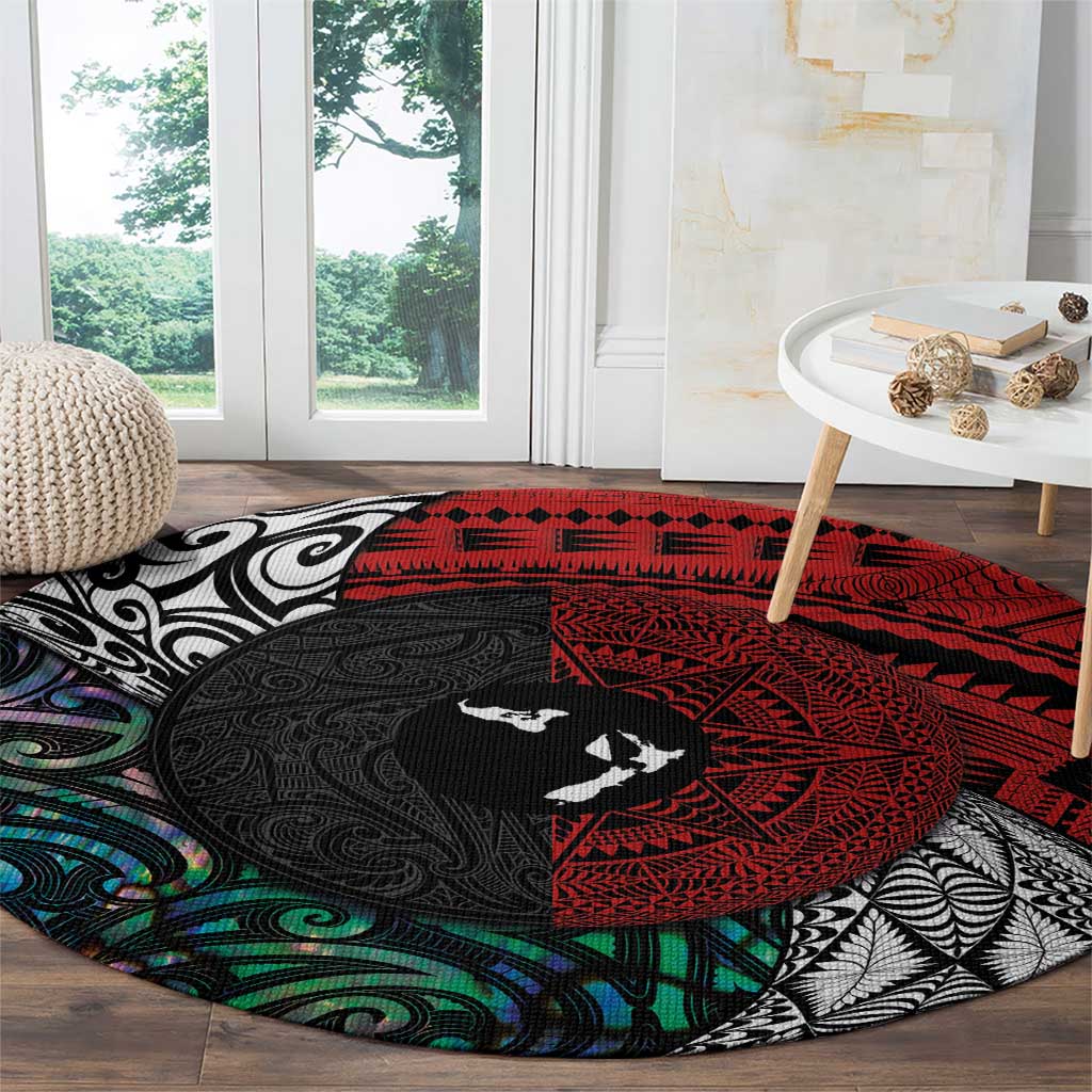 Tonga and New Zealand Together Round Carpet Tongan Kupesi Ngatu Tattoo and Maori Paua Shell Pattern LT03 - Polynesian Pride