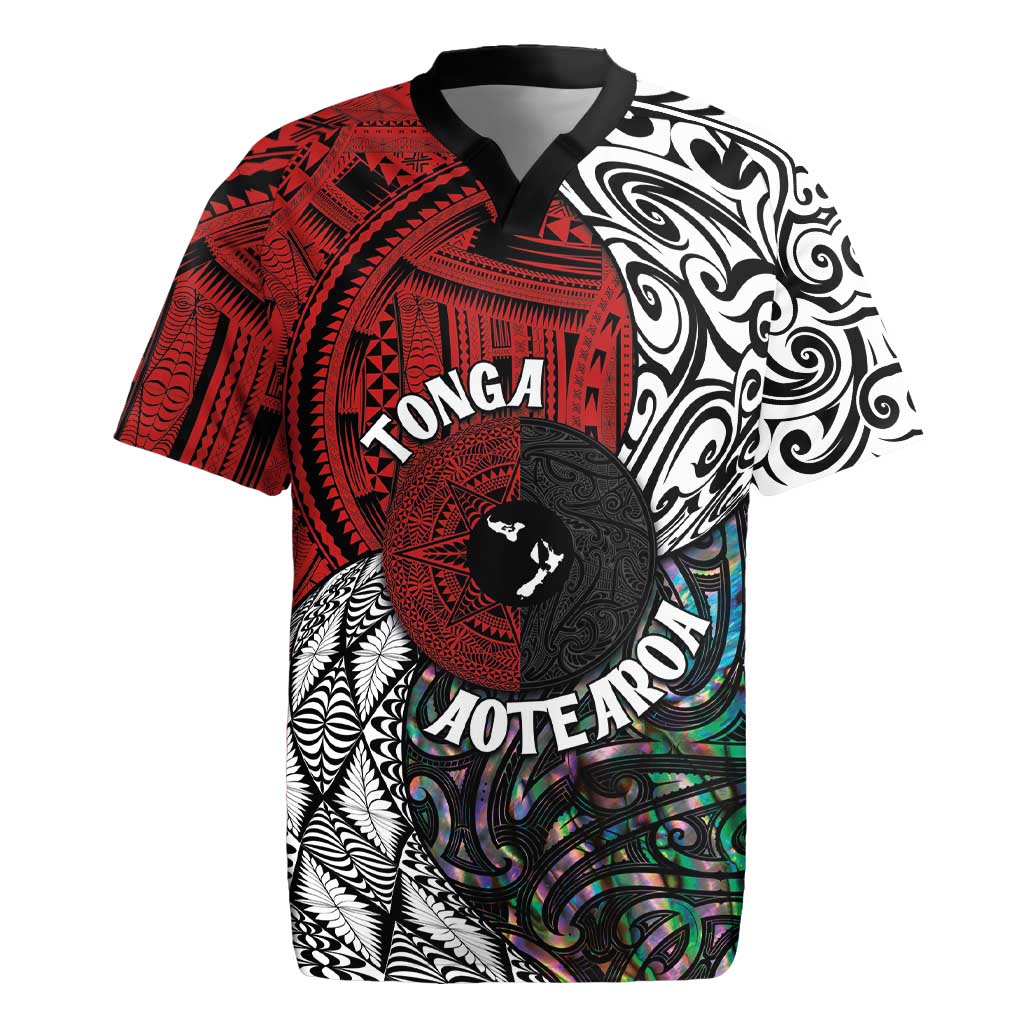 Tonga and New Zealand Together Rugby Jersey Tongan Kupesi Ngatu Tattoo and Maori Paua Shell Pattern LT03 Black - Polynesian Pride