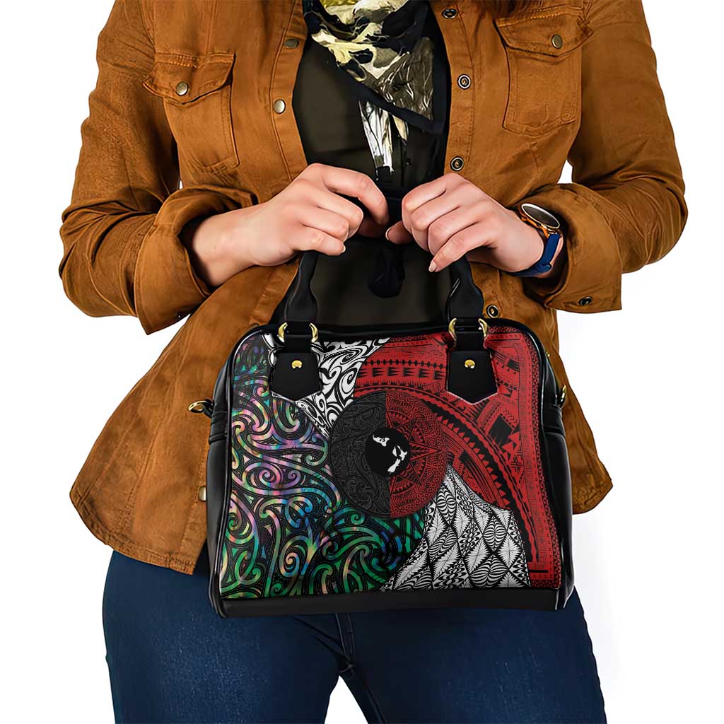 Tonga and New Zealand Together Shoulder Handbag Tongan Kupesi Ngatu Tattoo and Maori Paua Shell Pattern LT03 - Polynesian Pride