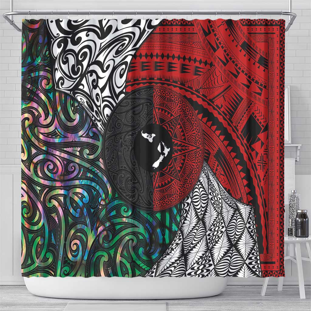 Tonga and New Zealand Together Shower Curtain Tongan Kupesi Ngatu Tattoo and Maori Paua Shell Pattern LT03 - Polynesian Pride