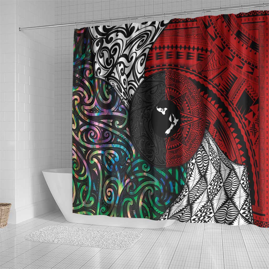 Tonga and New Zealand Together Shower Curtain Tongan Kupesi Ngatu Tattoo and Maori Paua Shell Pattern LT03 - Polynesian Pride