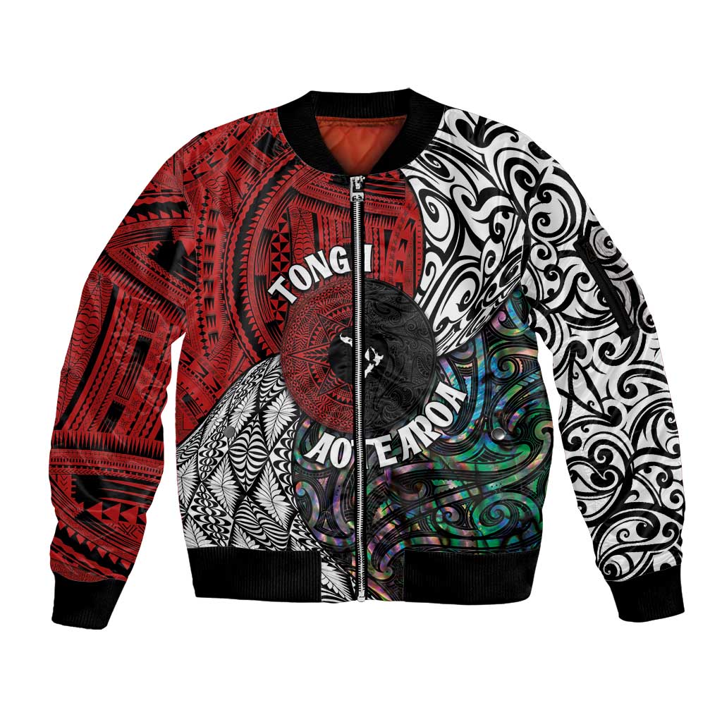 Tonga and New Zealand Together Sleeve Zip Bomber Jacket Tongan Kupesi Ngatu Tattoo and Maori Paua Shell Pattern LT03 Unisex Black - Polynesian Pride