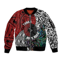 Tonga and New Zealand Together Sleeve Zip Bomber Jacket Tongan Kupesi Ngatu Tattoo and Maori Paua Shell Pattern LT03 Unisex Black - Polynesian Pride