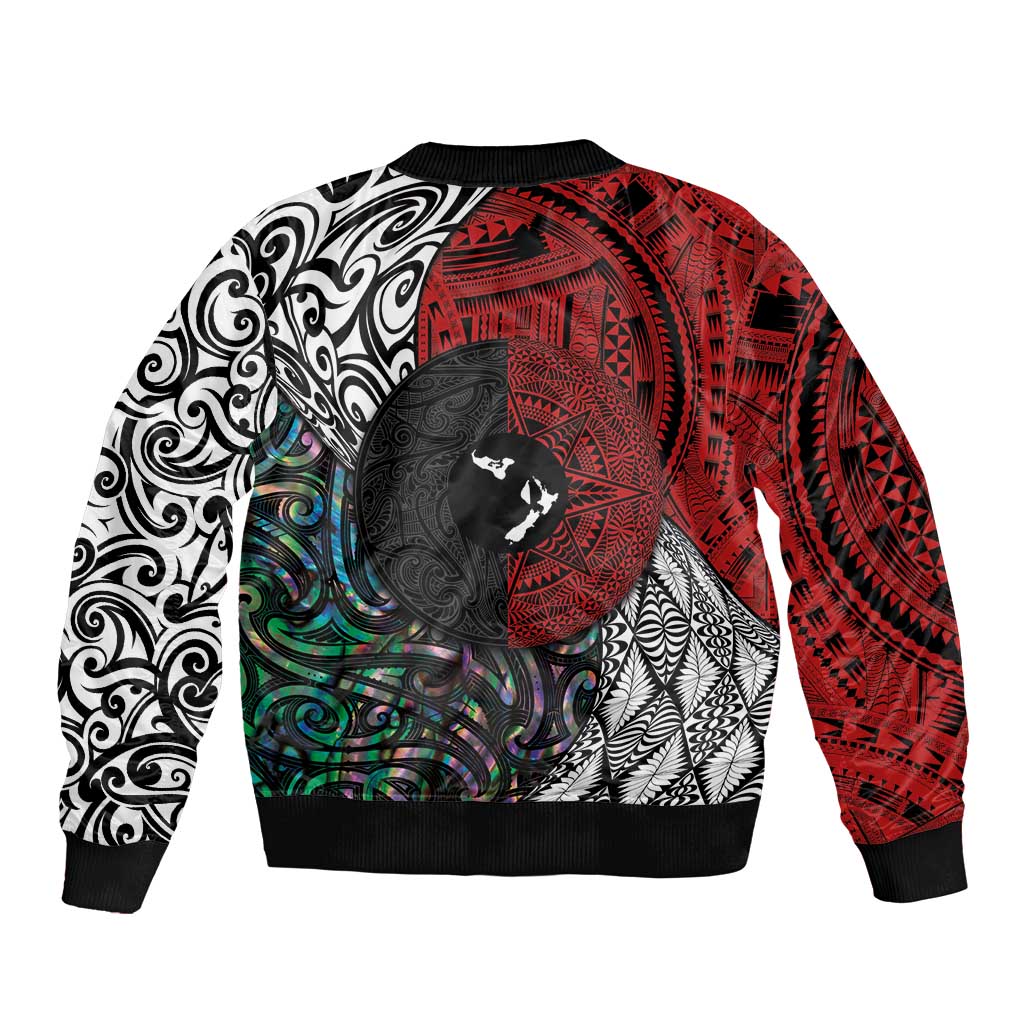 Tonga and New Zealand Together Sleeve Zip Bomber Jacket Tongan Kupesi Ngatu Tattoo and Maori Paua Shell Pattern LT03 - Polynesian Pride