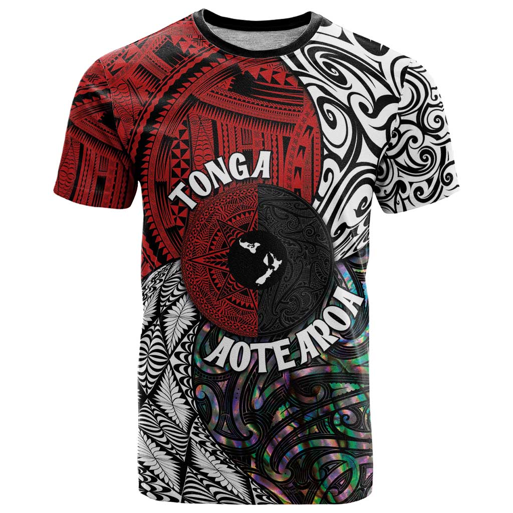 Tonga and New Zealand Together T Shirt Tongan Kupesi Ngatu Tattoo and Maori Paua Shell Pattern LT03 Black - Polynesian Pride