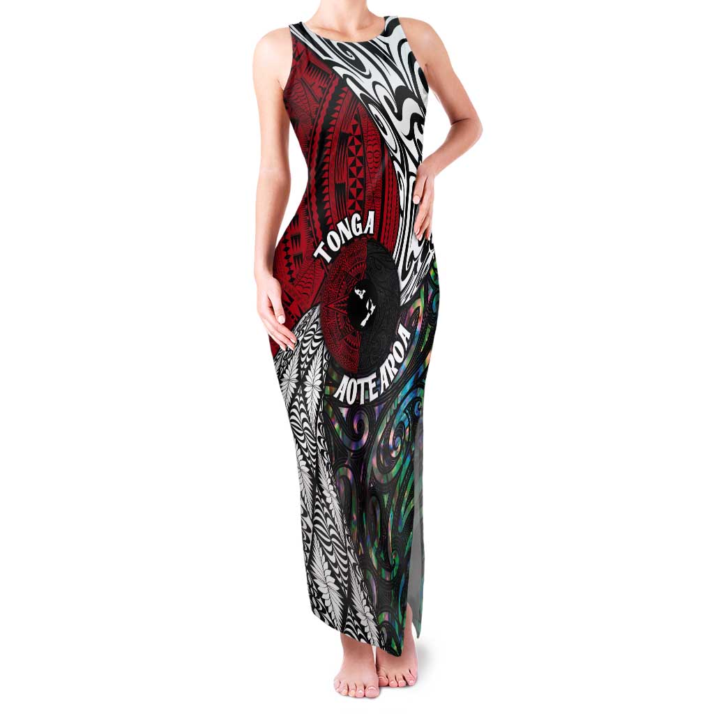Tonga and New Zealand Together Tank Maxi Dress Tongan Kupesi Ngatu Tattoo and Maori Paua Shell Pattern LT03 Women Black - Polynesian Pride