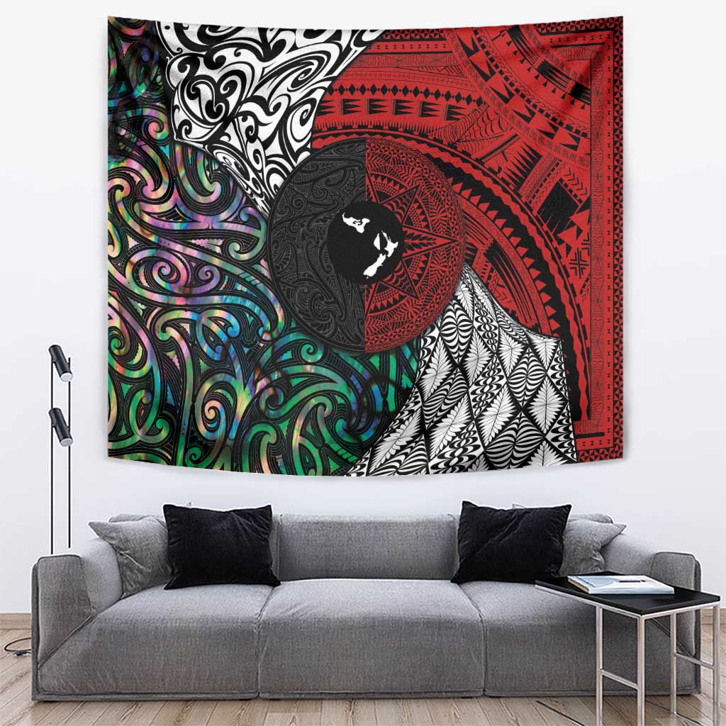 Tonga and New Zealand Together Tapestry Tongan Kupesi Ngatu Tattoo and Maori Paua Shell Pattern LT03 Black - Polynesian Pride