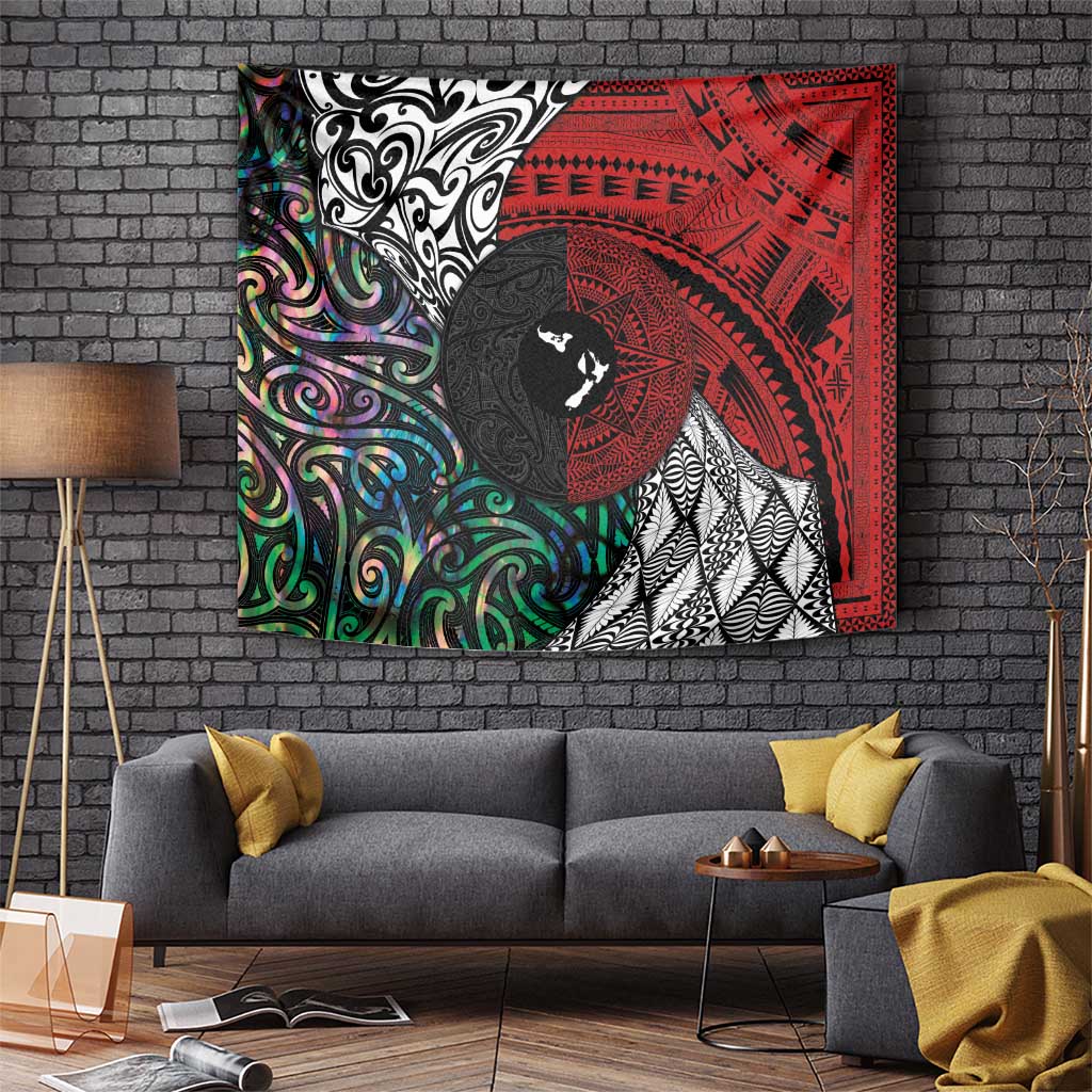Tonga and New Zealand Together Tapestry Tongan Kupesi Ngatu Tattoo and Maori Paua Shell Pattern LT03 - Polynesian Pride