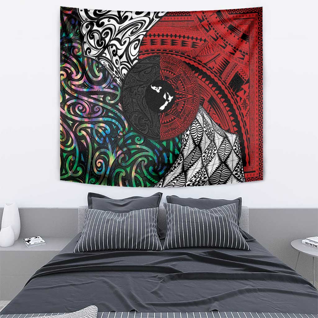 Tonga and New Zealand Together Tapestry Tongan Kupesi Ngatu Tattoo and Maori Paua Shell Pattern LT03 - Polynesian Pride