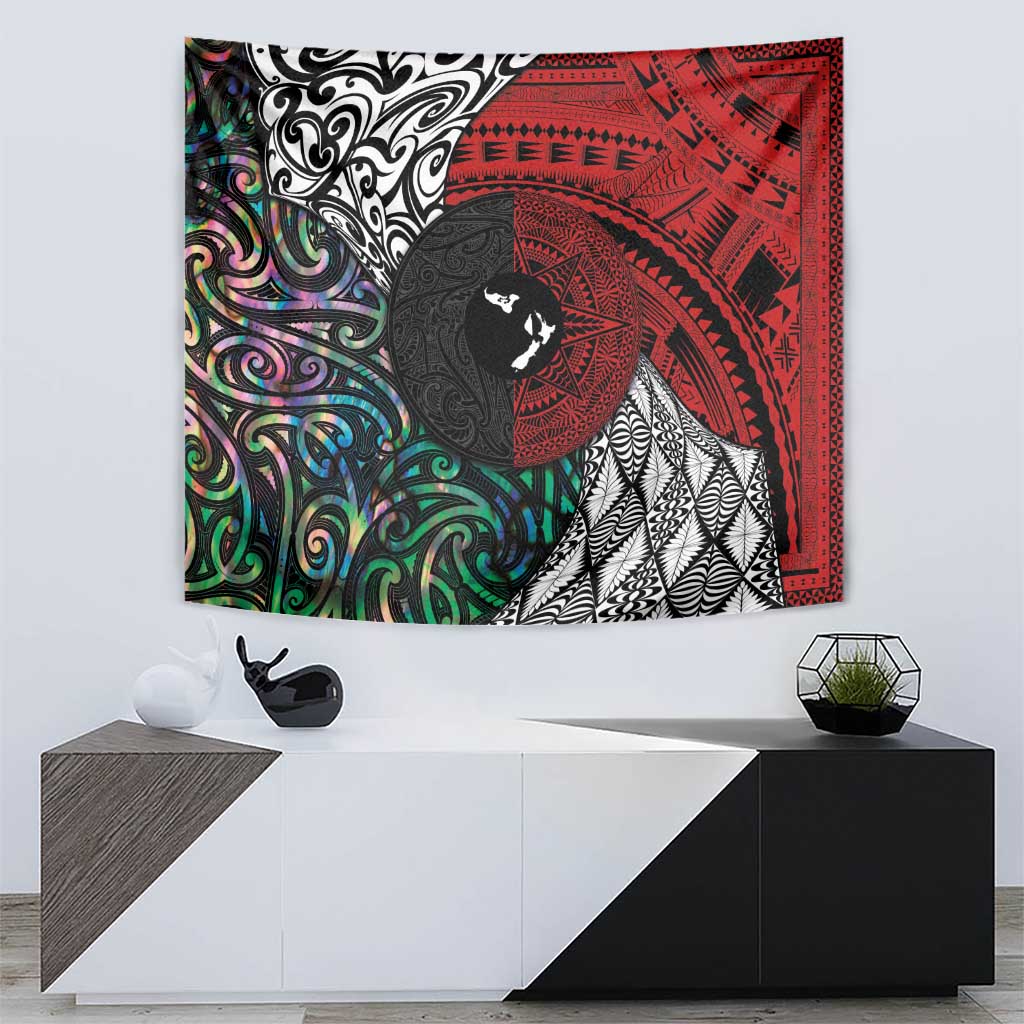Tonga and New Zealand Together Tapestry Tongan Kupesi Ngatu Tattoo and Maori Paua Shell Pattern LT03 - Polynesian Pride