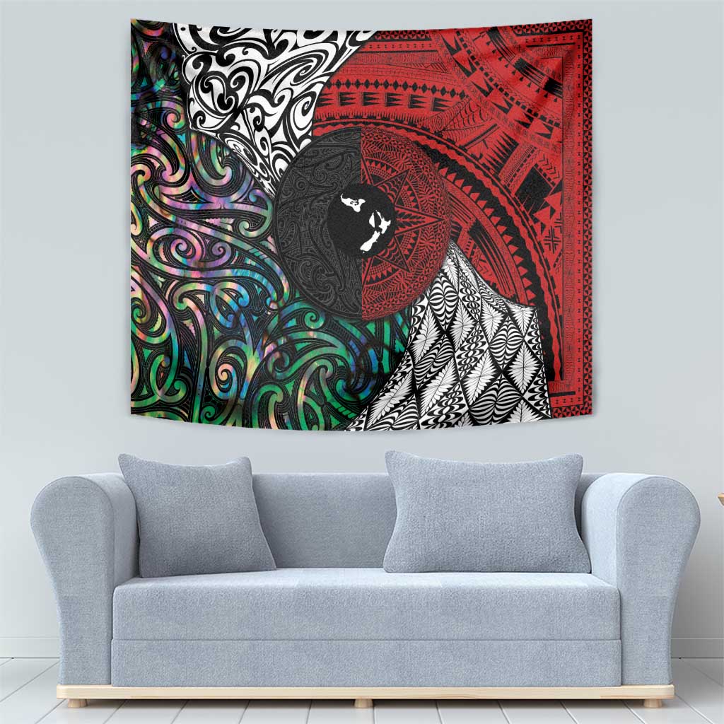 Tonga and New Zealand Together Tapestry Tongan Kupesi Ngatu Tattoo and Maori Paua Shell Pattern LT03 - Polynesian Pride