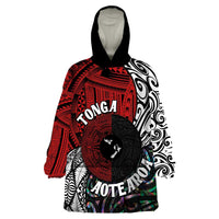 Tonga and New Zealand Together Wearable Blanket Hoodie Tongan Kupesi Ngatu Tattoo and Maori Paua Shell Pattern LT03 One Size Black - Polynesian Pride