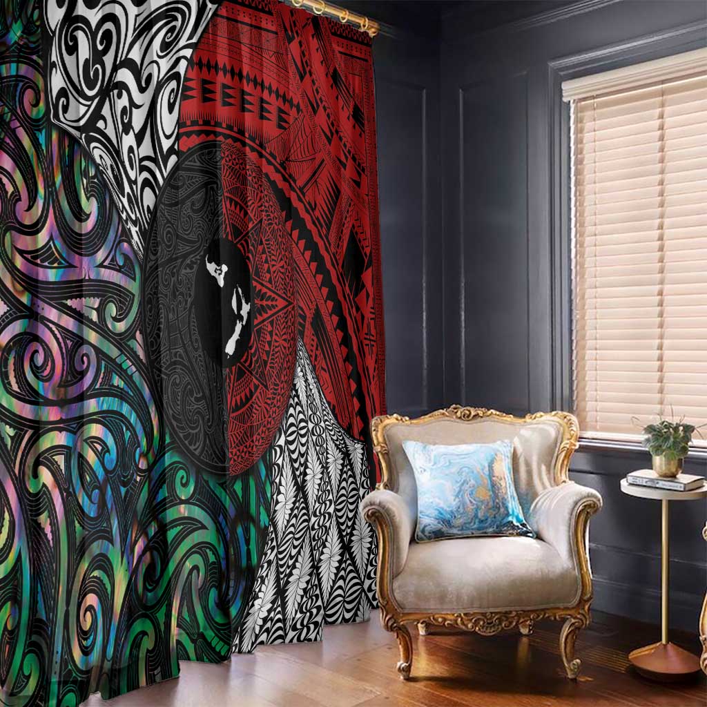 Tonga and New Zealand Together Window Curtain Tongan Kupesi Ngatu Tattoo and Maori Paua Shell Pattern LT03 - Polynesian Pride