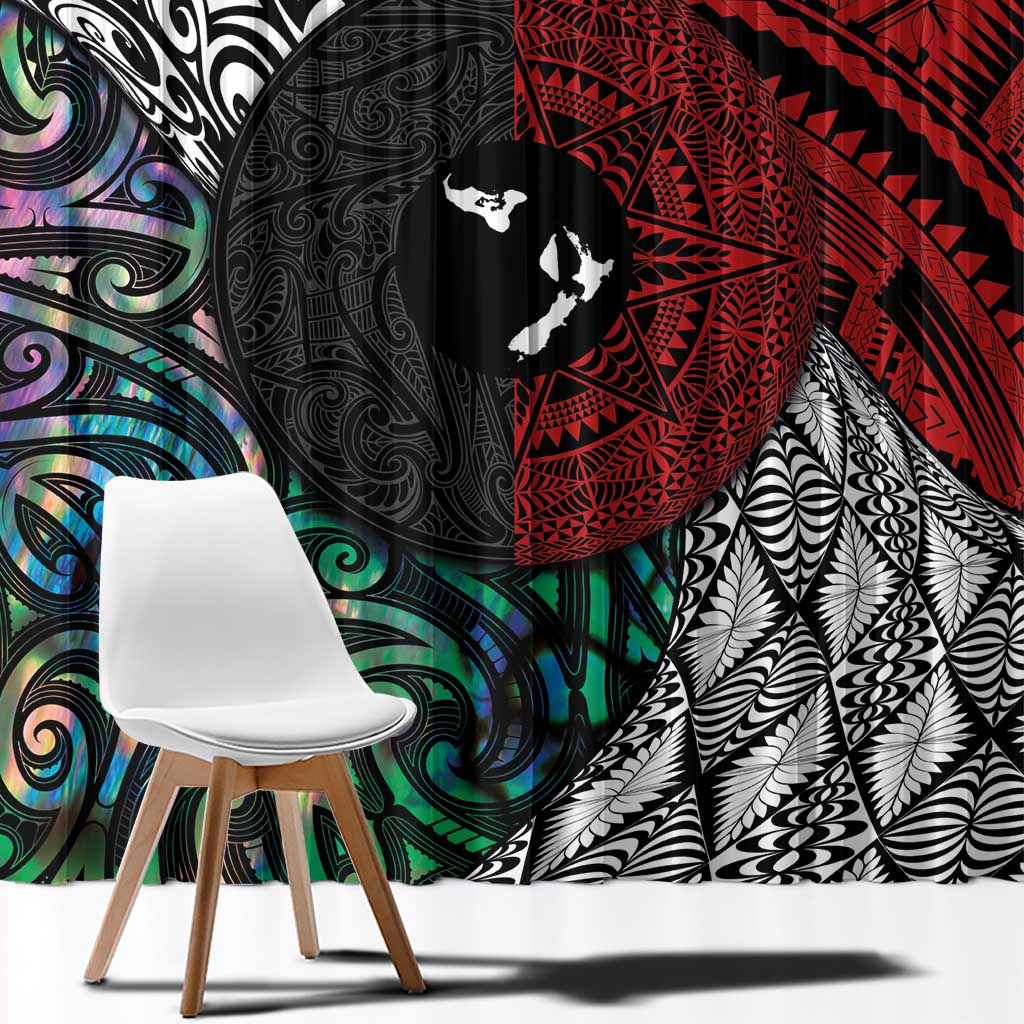 Tonga and New Zealand Together Window Curtain Tongan Kupesi Ngatu Tattoo and Maori Paua Shell Pattern LT03 - Polynesian Pride