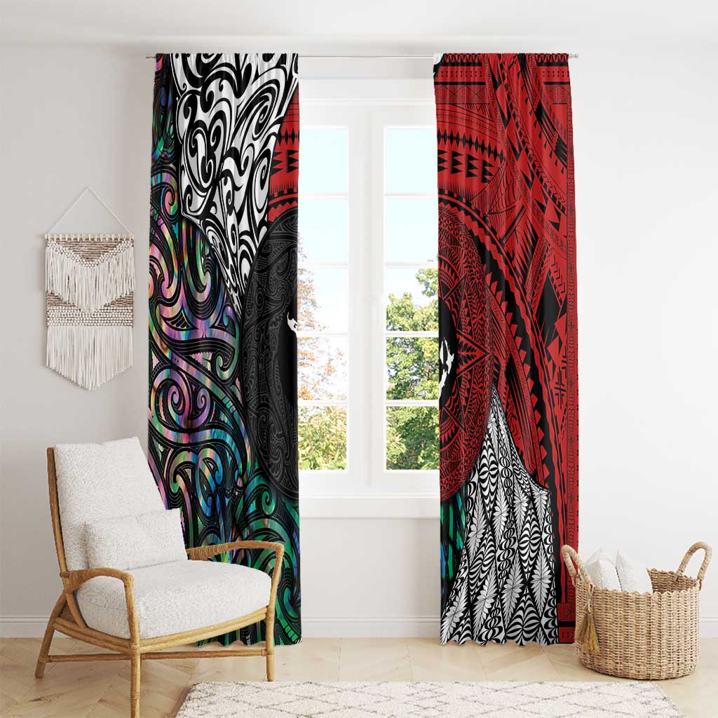 Tonga and New Zealand Together Window Curtain Tongan Kupesi Ngatu Tattoo and Maori Paua Shell Pattern LT03 - Polynesian Pride