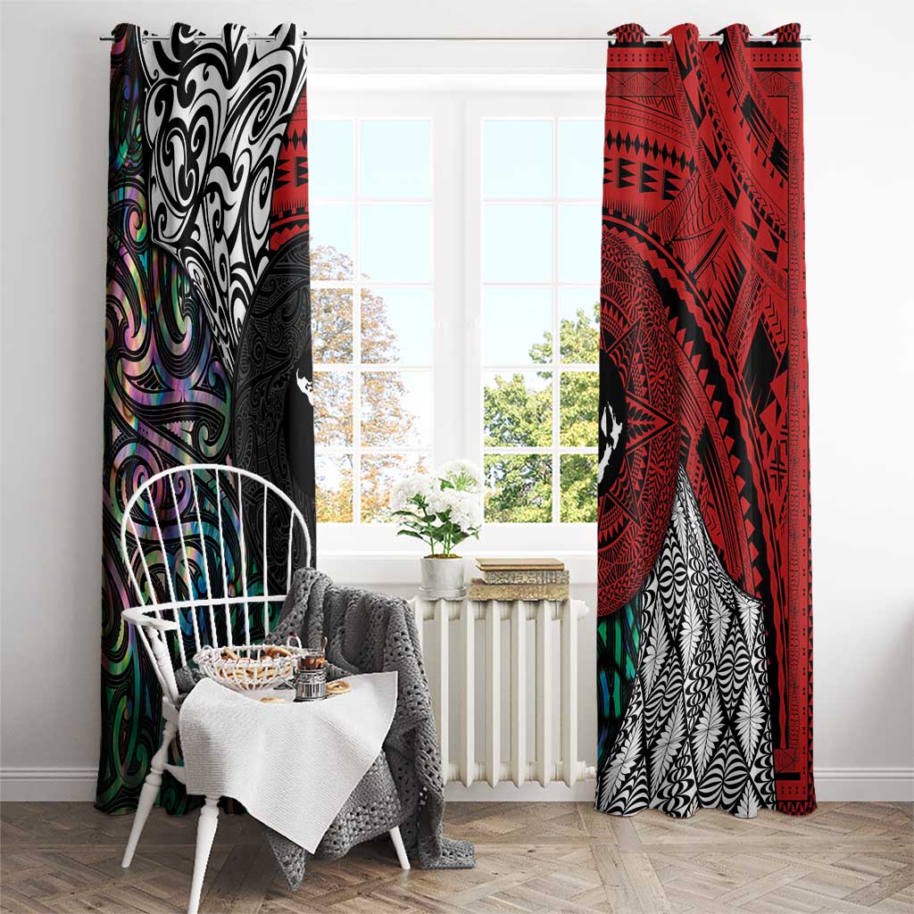 Tonga and New Zealand Together Window Curtain Tongan Kupesi Ngatu Tattoo and Maori Paua Shell Pattern LT03 - Polynesian Pride