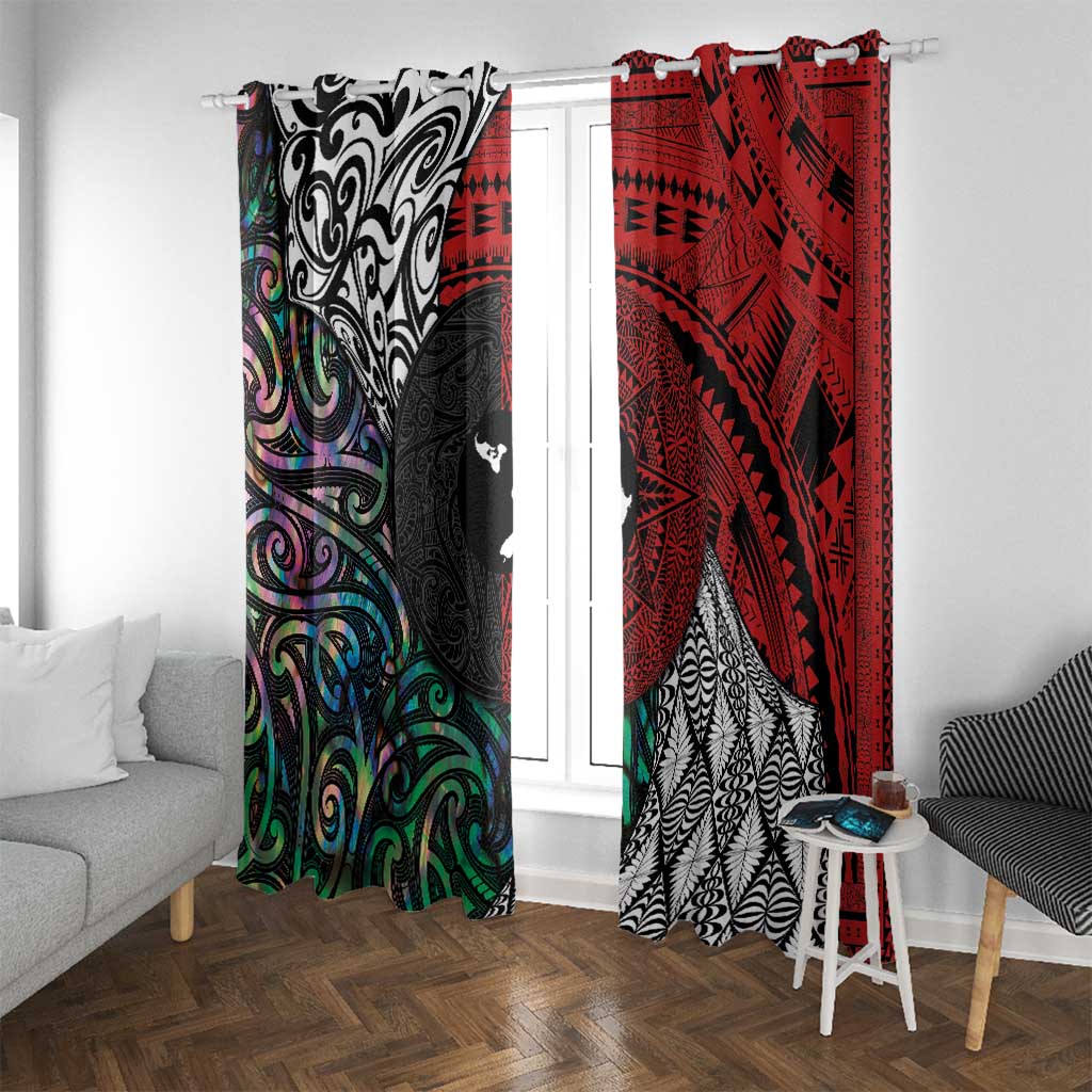 Tonga and New Zealand Together Window Curtain Tongan Kupesi Ngatu Tattoo and Maori Paua Shell Pattern LT03 With Grommets Black - Polynesian Pride