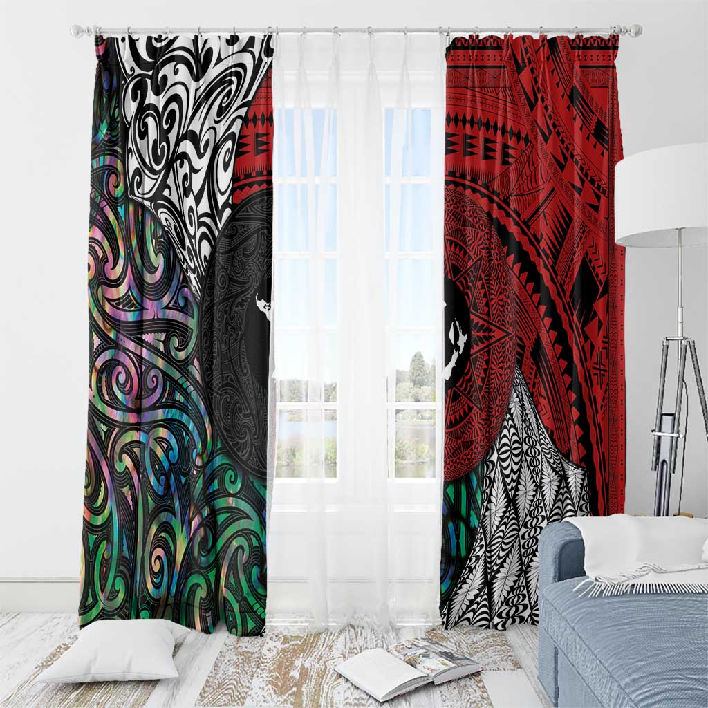 Tonga and New Zealand Together Window Curtain Tongan Kupesi Ngatu Tattoo and Maori Paua Shell Pattern LT03 - Polynesian Pride