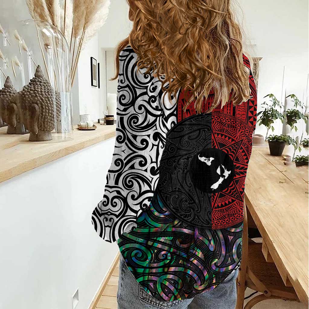 Tonga and New Zealand Together Women Casual Shirt Tongan Kupesi Ngatu Tattoo and Maori Paua Shell Pattern LT03 - Polynesian Pride