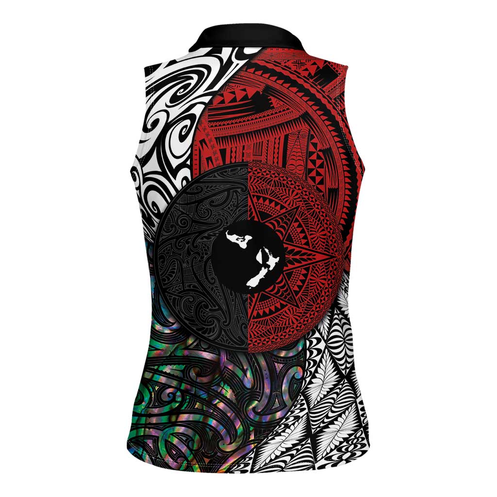 Tonga and New Zealand Together Women Sleeveless Polo Shirt - Tongan Kupesi Ngatu Tattoo and Maori Paua Shell Pattern LT03 - Polynesian Pride
