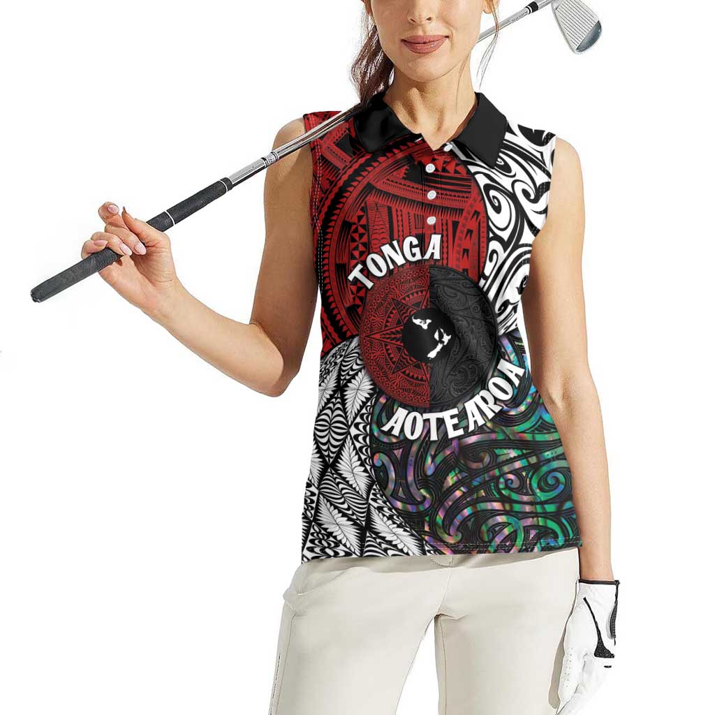Tonga and New Zealand Together Women Sleeveless Polo Shirt - Tongan Kupesi Ngatu Tattoo and Maori Paua Shell Pattern LT03 - Polynesian Pride