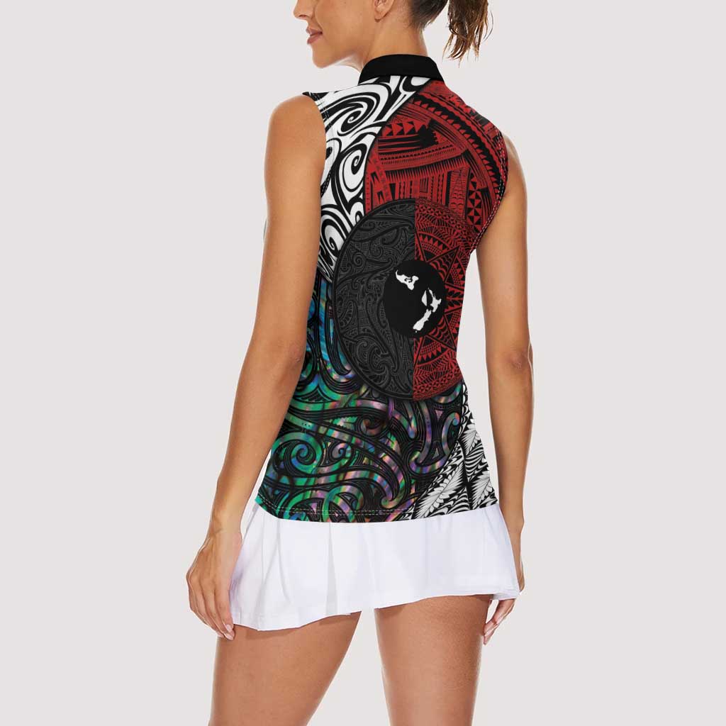 Tonga and New Zealand Together Women Sleeveless Polo Shirt - Tongan Kupesi Ngatu Tattoo and Maori Paua Shell Pattern LT03 - Polynesian Pride