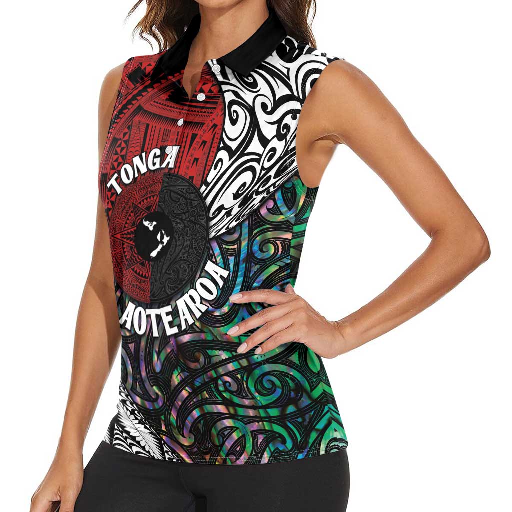 Tonga and New Zealand Together Women Sleeveless Polo Shirt - Tongan Kupesi Ngatu Tattoo and Maori Paua Shell Pattern LT03 - Polynesian Pride