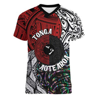 Tonga and New Zealand Together Women V-Neck T-Shirt Tongan Kupesi Ngatu Tattoo and Maori Paua Shell Pattern LT03 Female Black - Polynesian Pride