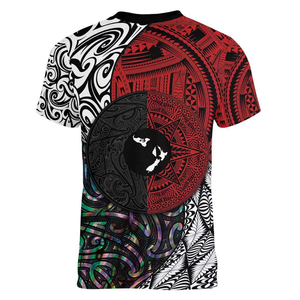 Tonga and New Zealand Together Women V-Neck T-Shirt Tongan Kupesi Ngatu Tattoo and Maori Paua Shell Pattern LT03 - Polynesian Pride